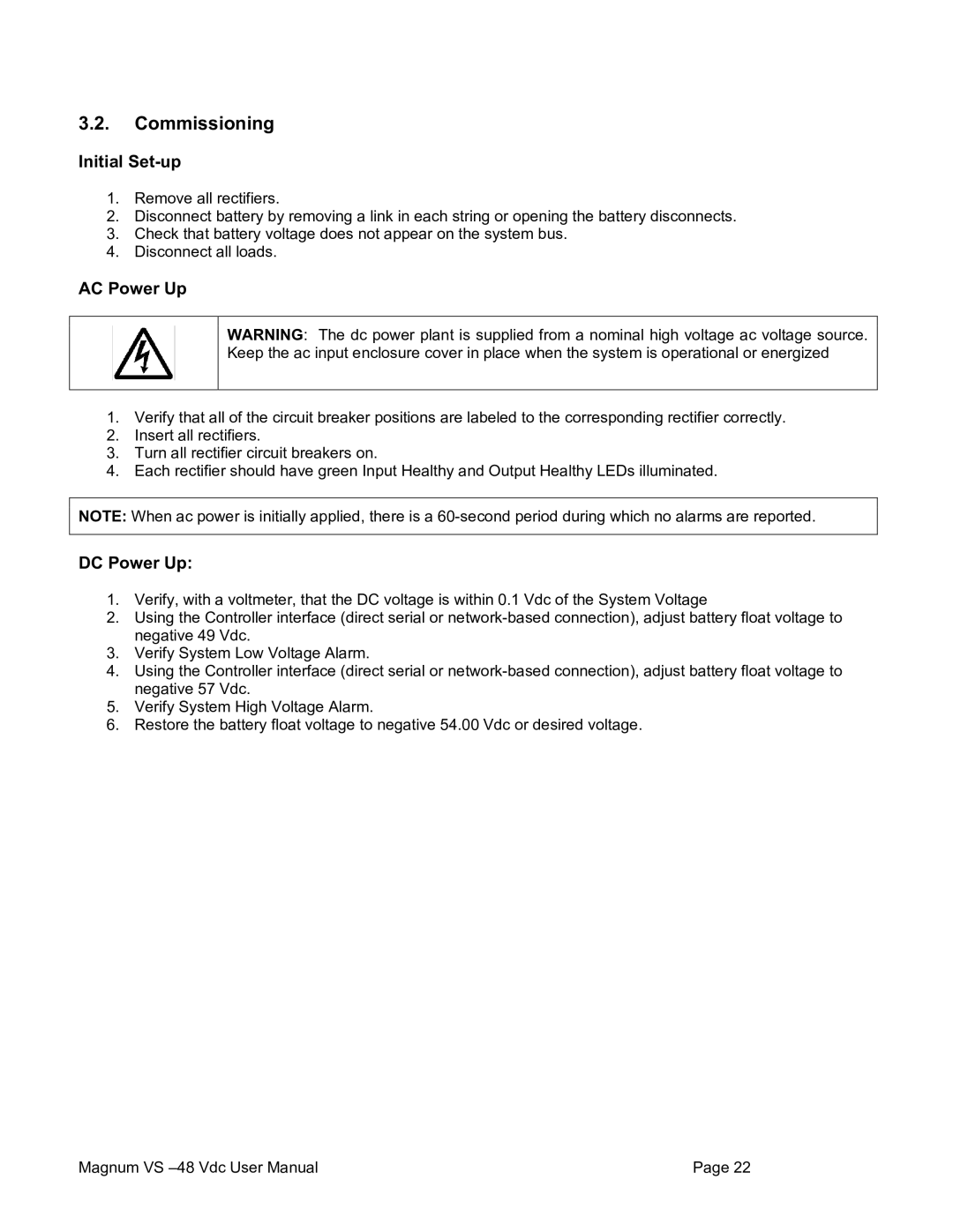 American Power Conversion VS 100, VS 50 user manual Commissioning, Initial Set-up, AC Power Up, DC Power Up 