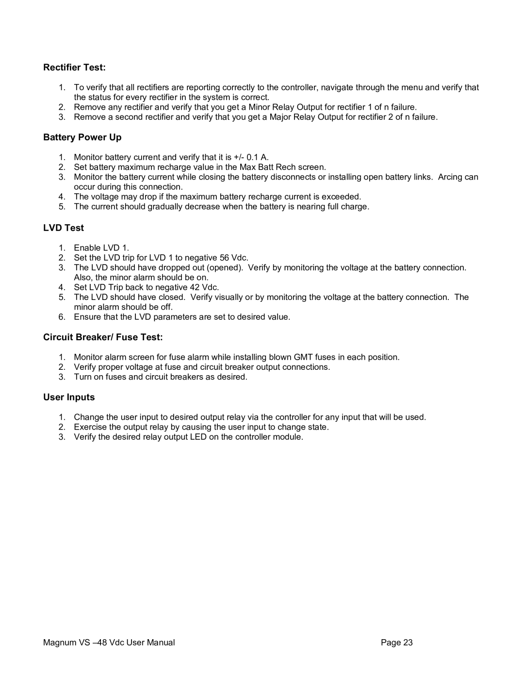 American Power Conversion VS 50 Rectifier Test, Battery Power Up, LVD Test, Circuit Breaker/ Fuse Test, User Inputs 