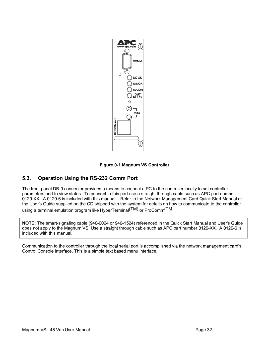 American Power Conversion VS 100, VS 50 user manual Operation Using the RS-232 Comm Port, Magnum VS Controller 