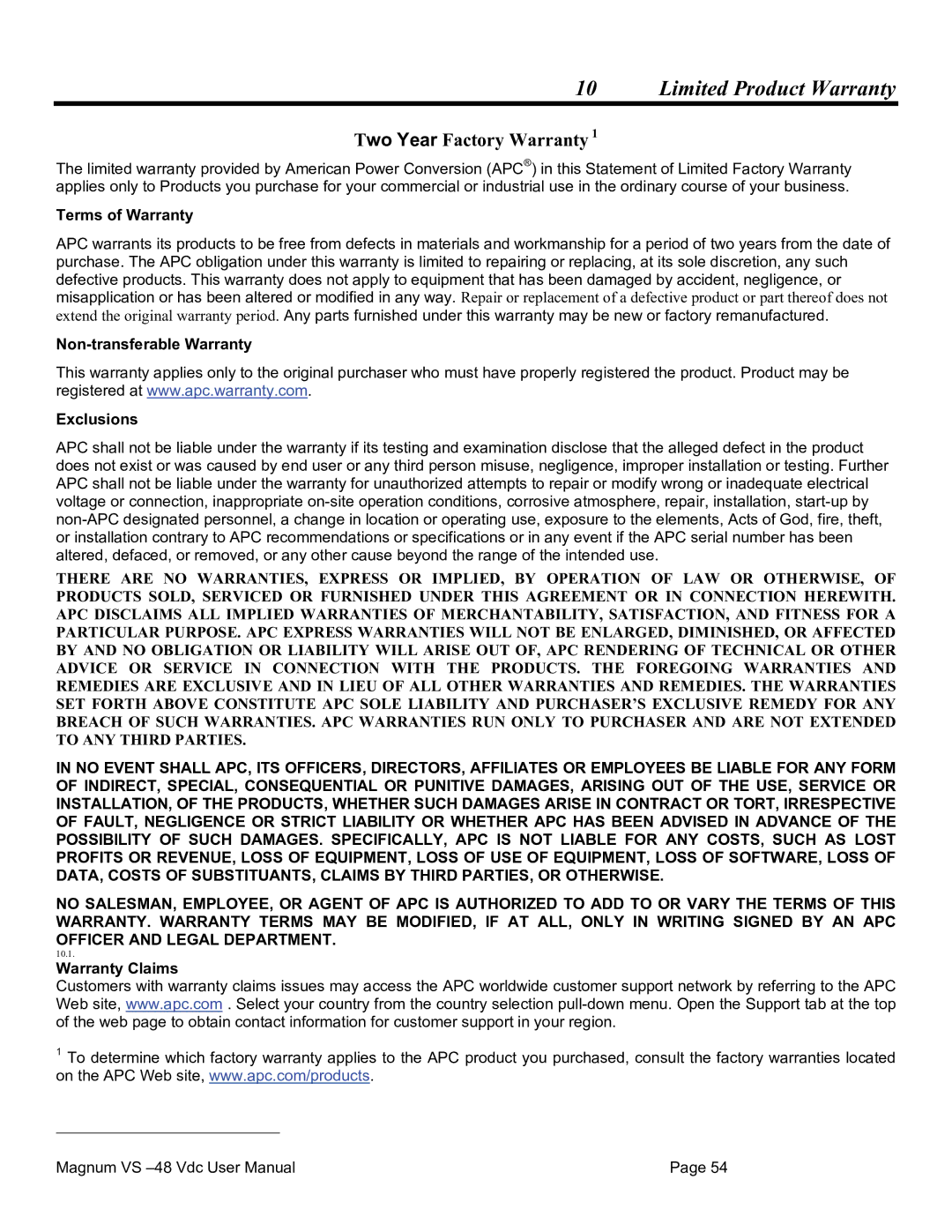 American Power Conversion VS 100, VS 50 user manual Terms of Warranty, Non-transferable Warranty Exclusions, Warranty Claims 