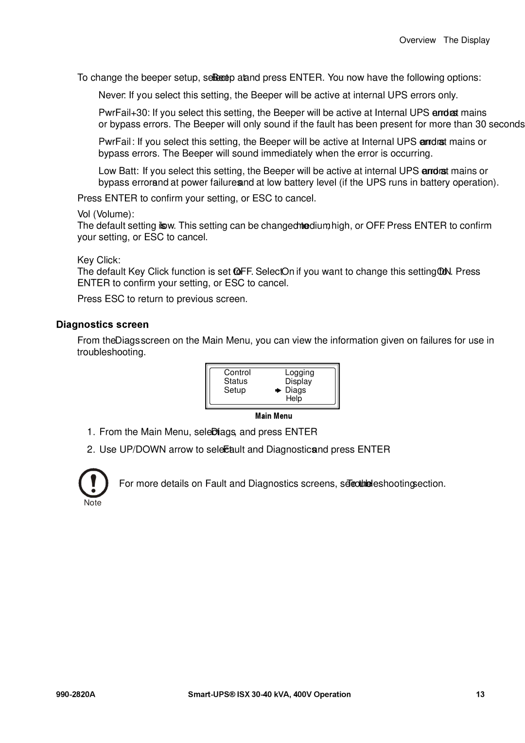 American Power Conversion VT ISX manual Vol Volume, Diagnostics screen 