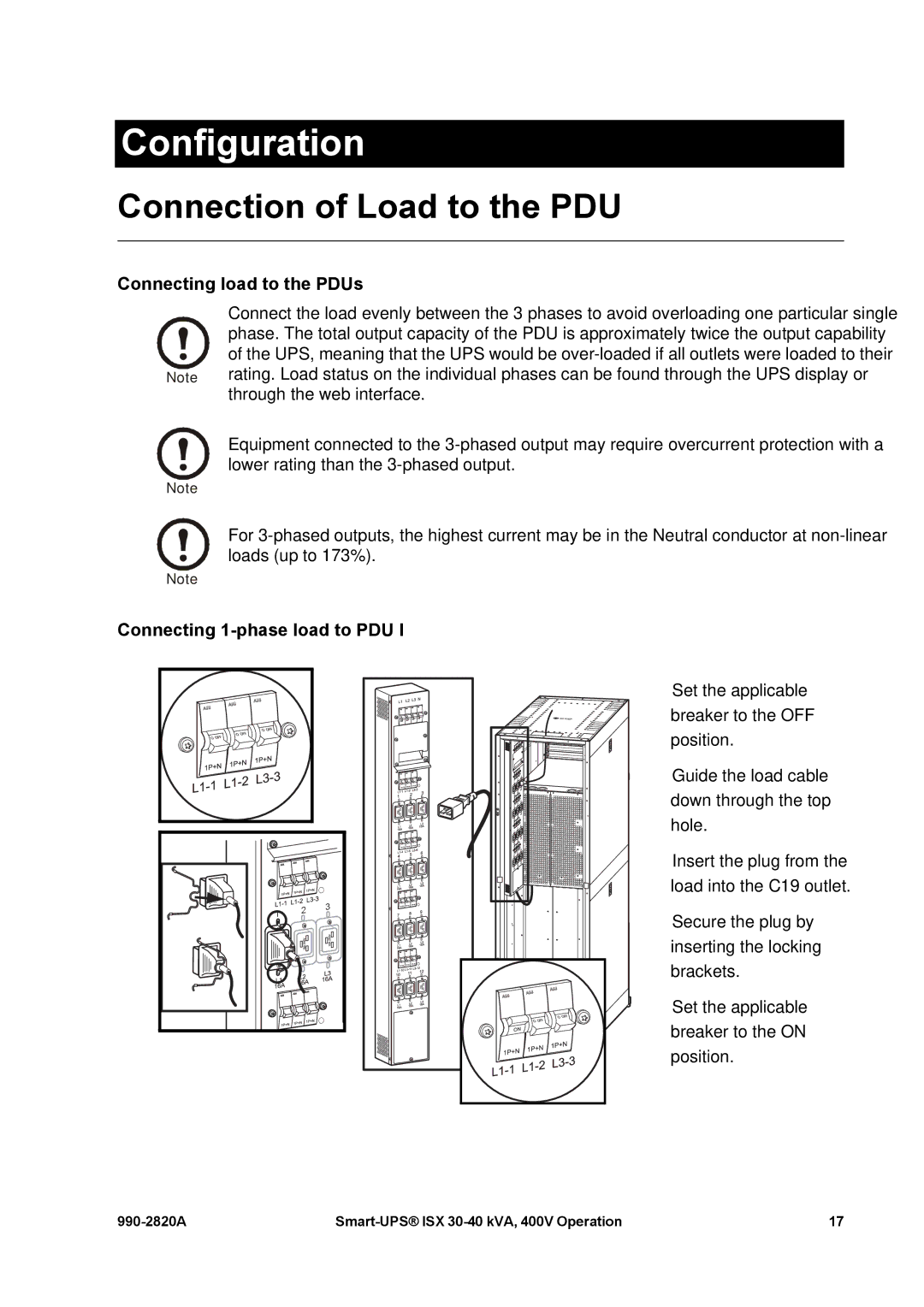 American Power Conversion VT ISX manual Configuration, Connection of Load to the PDU, Connecting load to the PDUs 