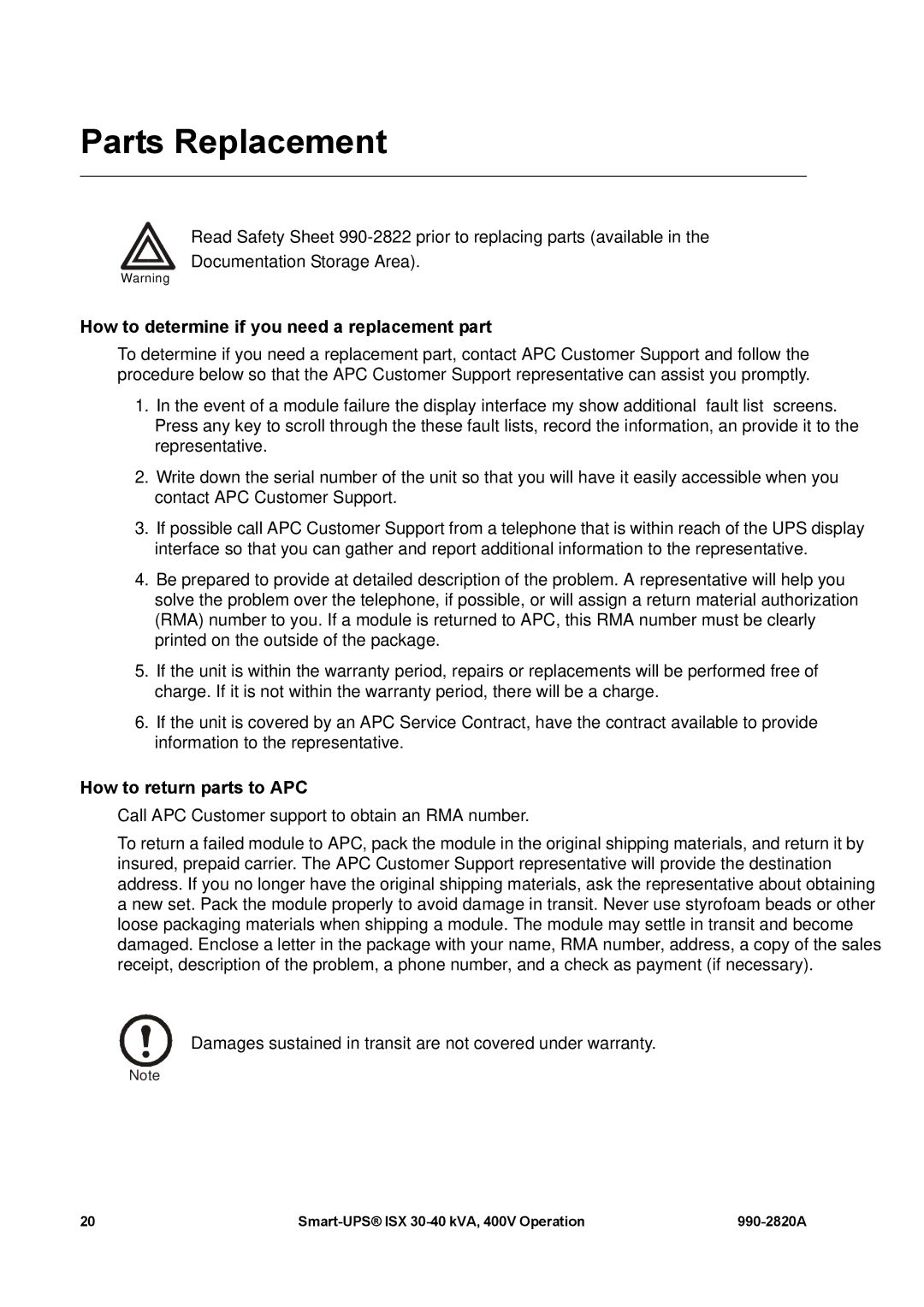 American Power Conversion VT ISX manual Parts Replacement, How to determine if you need a replacement part 