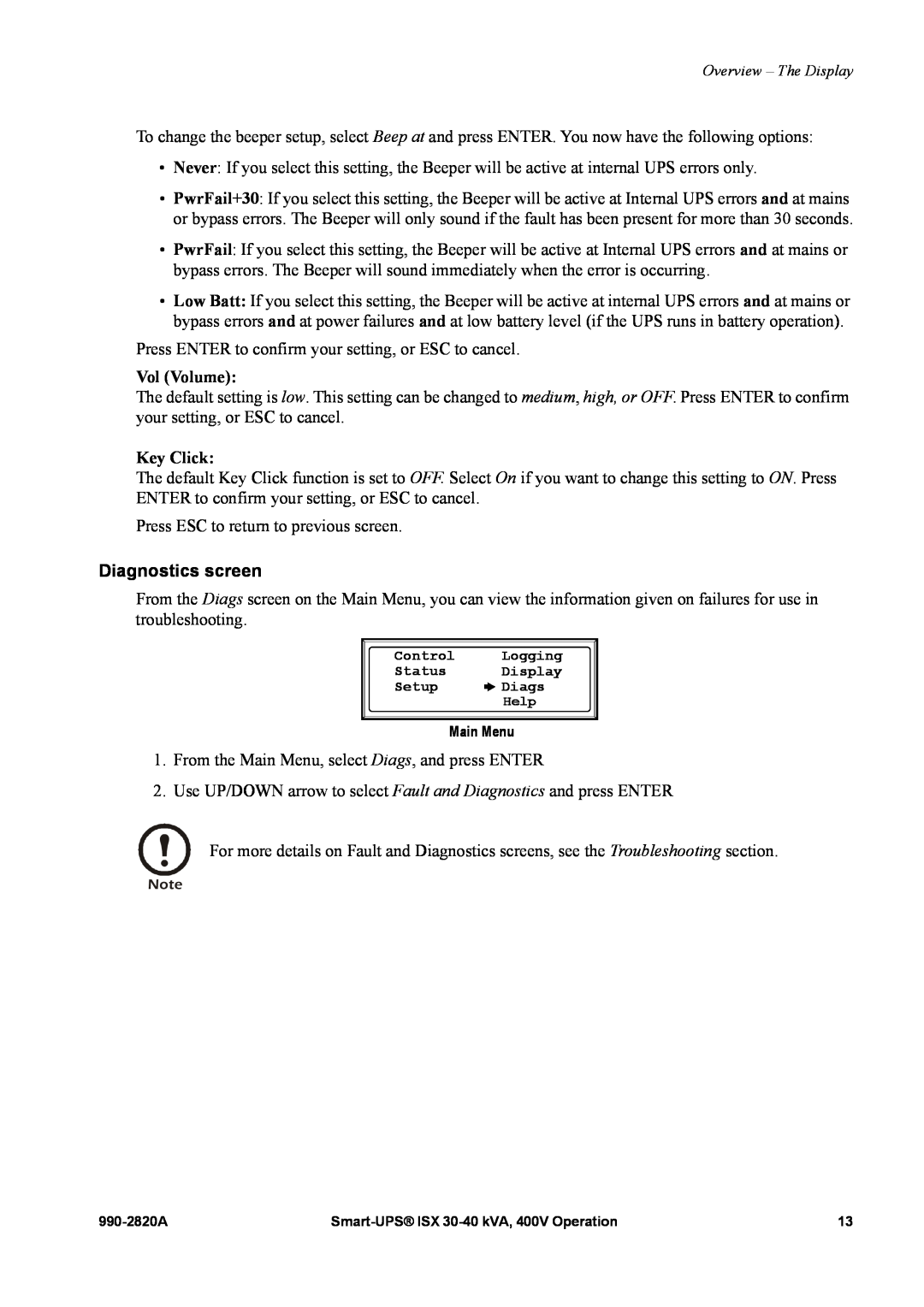 American Power Conversion VT ISX manual Vol Volume, Key Click, Diagnostics screen 