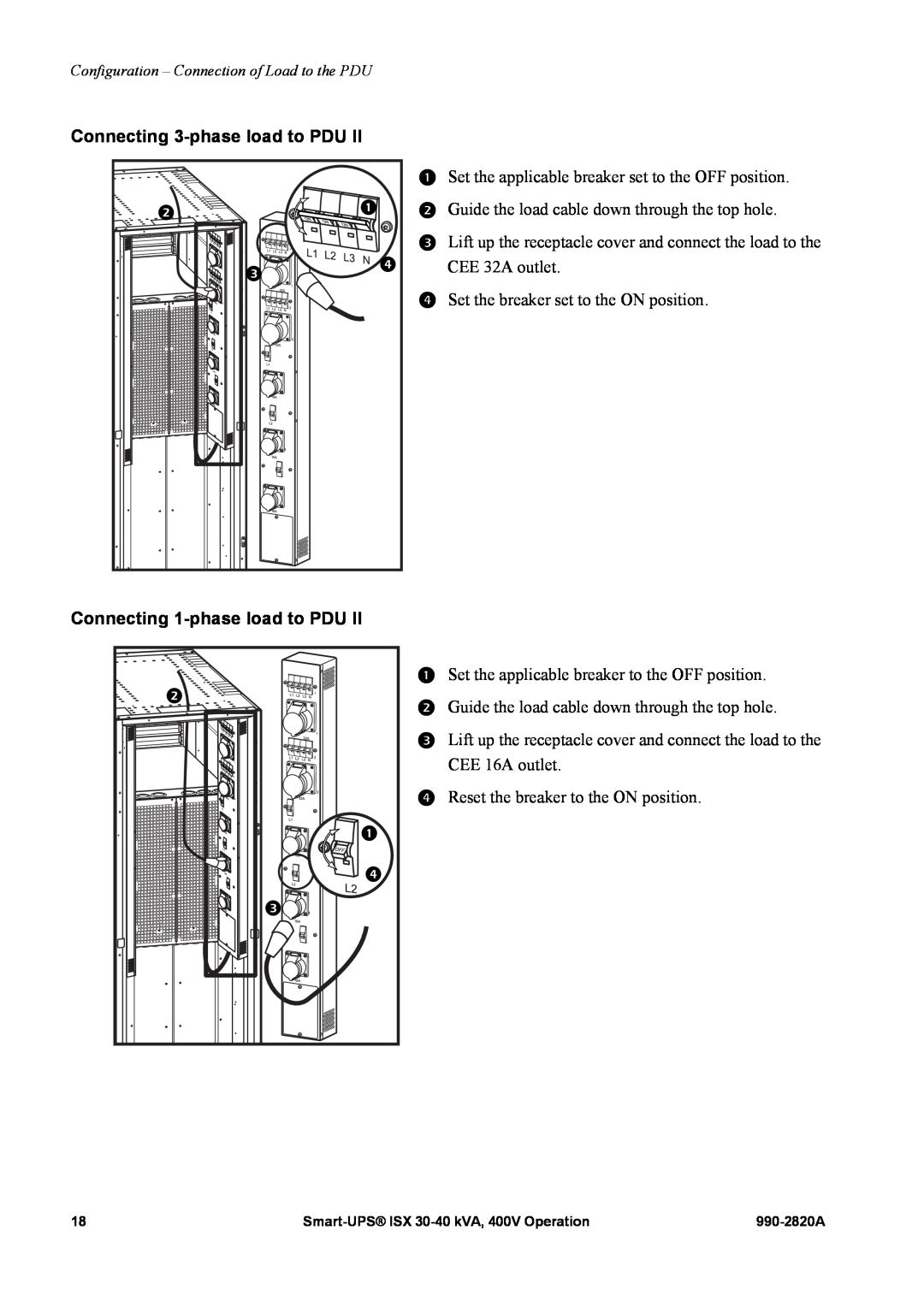 American Power Conversion VT ISX manual Connecting 3-phase load to PDU, Connecting 1-phase load to PDU 
