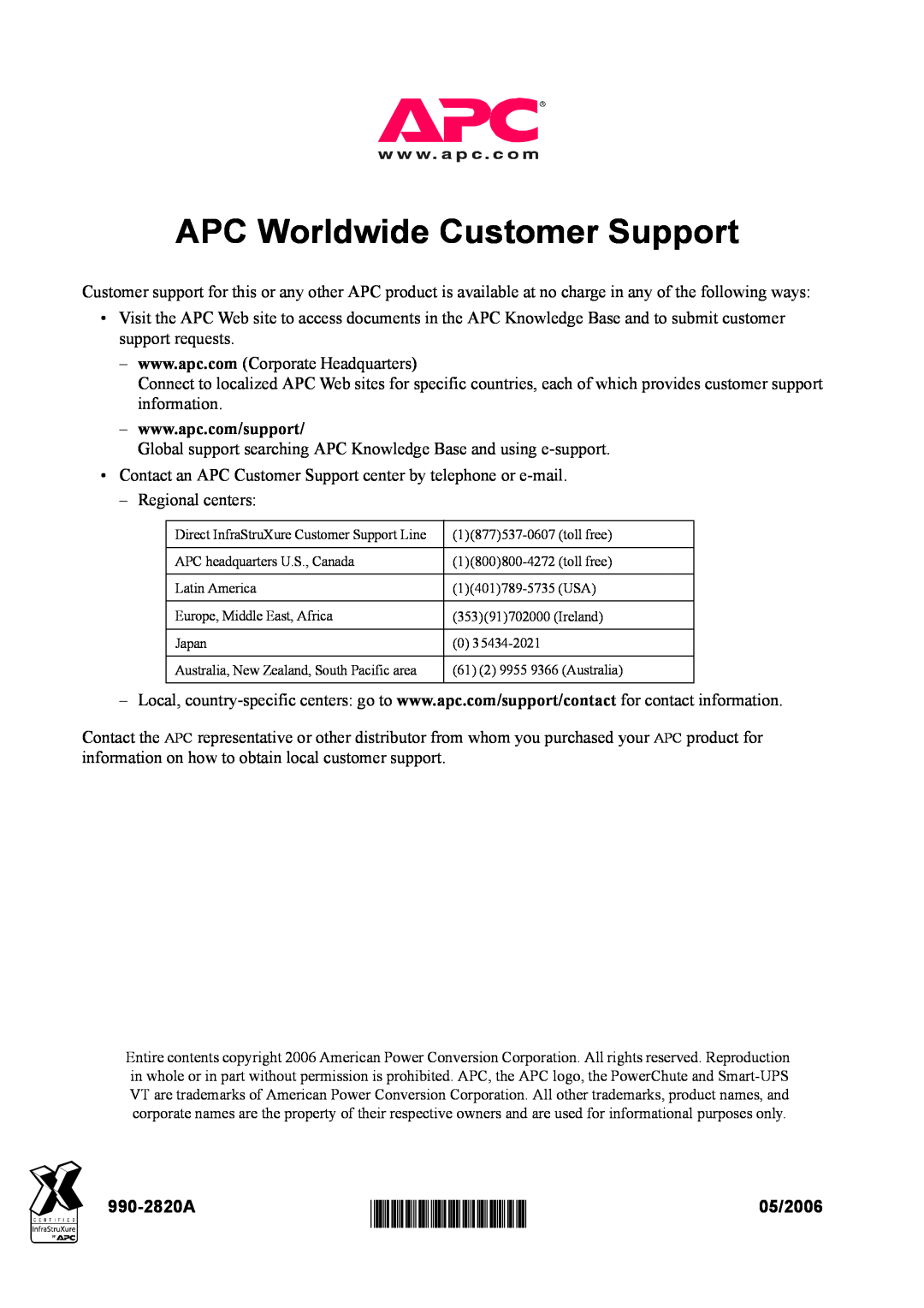 American Power Conversion VT ISX manual APC Worldwide Customer Support, 990-2820A, 05/2006 
