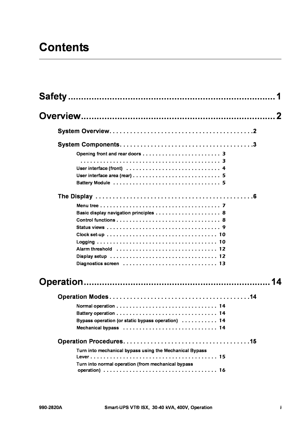 American Power Conversion VT ISX manual Safety, Overview, The Display, Operation Modes, Operation Procedures, Contents 