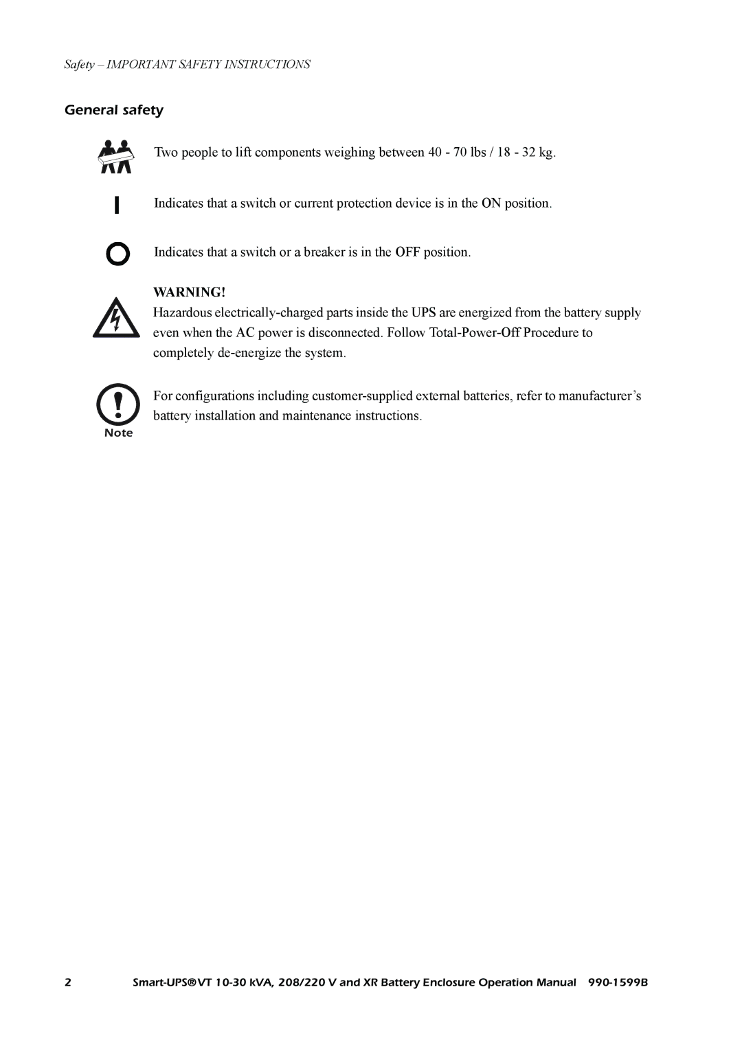 American Power Conversion XR, Smart-UPS VT operation manual General safety 