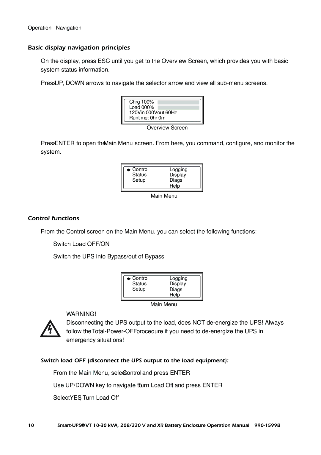 American Power Conversion XR, Smart-UPS VT operation manual Basic display navigation principles, Control functions 