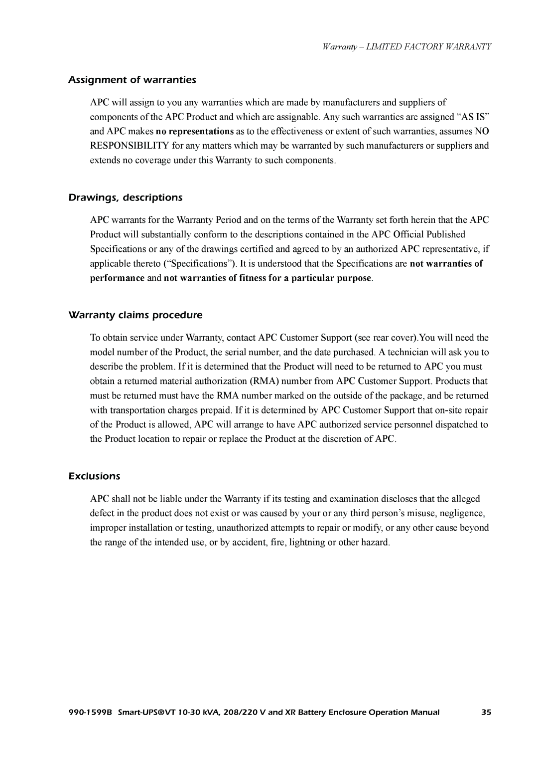 American Power Conversion Smart-UPS VT, XR Assignment of warranties, Drawings, descriptions, Warranty claims procedure 