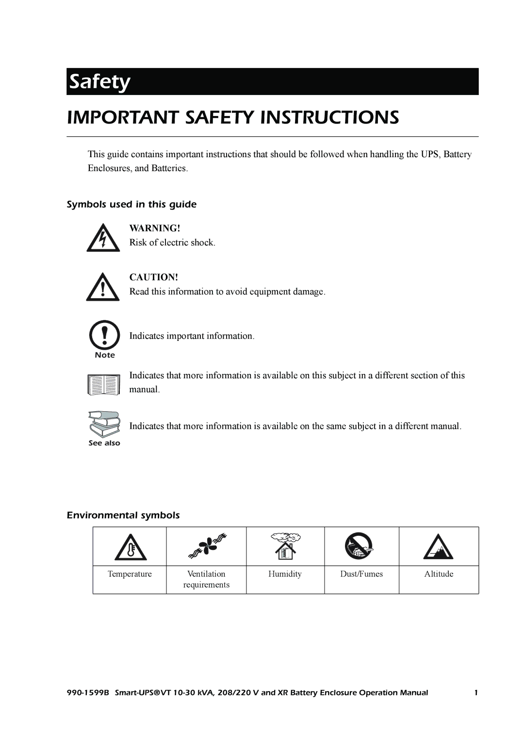 American Power Conversion Smart-UPS VT, XR operation manual Symbols used in this guide, Environmental symbols 