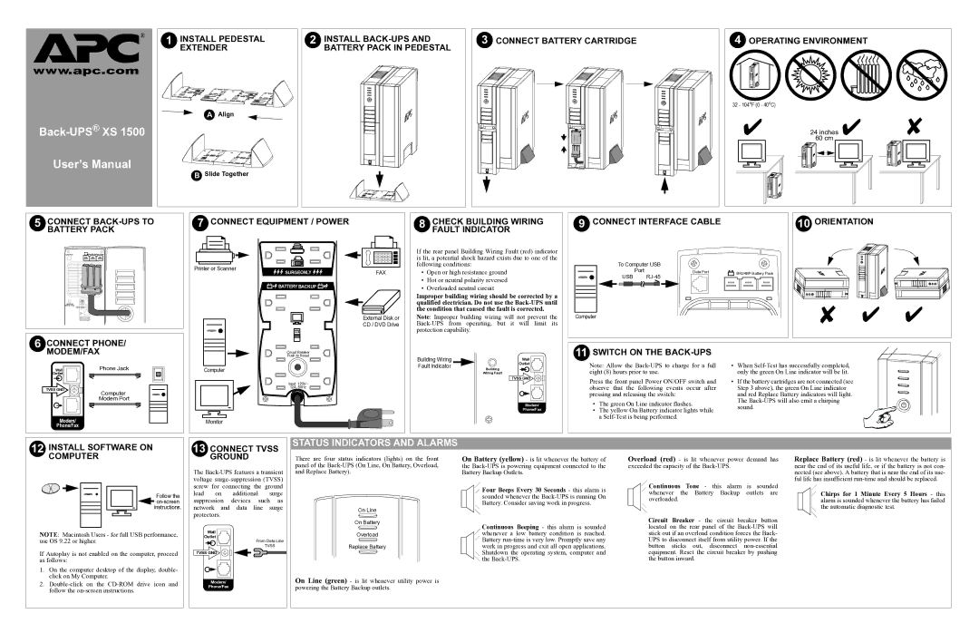 American Power Conversion XS 1500 user manual Status Indicators and Alarms, Connect Phone Switch on the BACK-UPS MODEM/FAX 