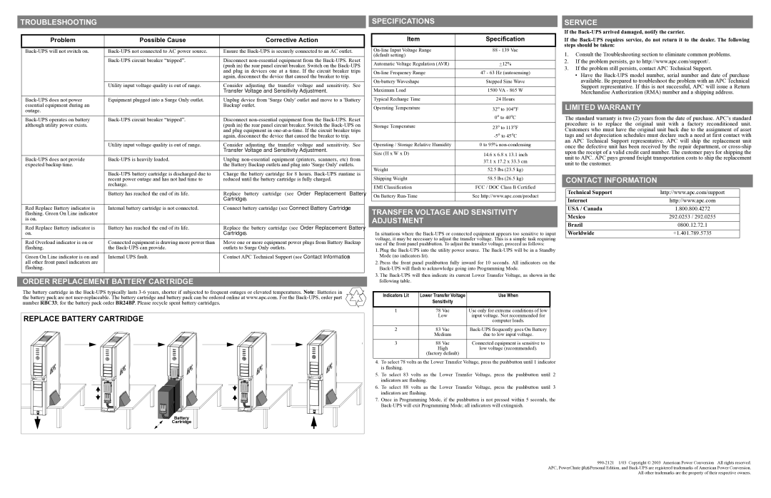 American Power Conversion XS 1500 Troubleshooting, Service, Order Replacement Battery Cartridge, Limited Warranty 