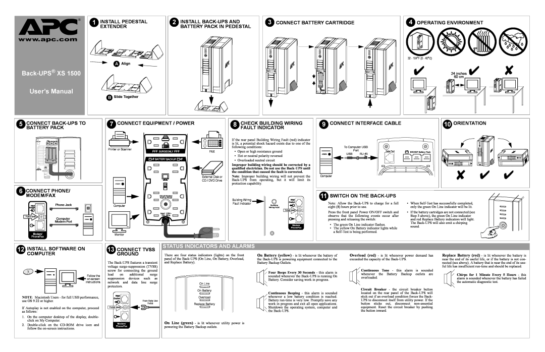 American Power Conversion XS 1500 user manual Status Indicators And Alarms, Back-UPS XS, User’s Manual 