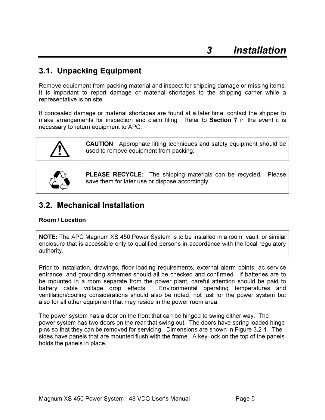 American Power Conversion XS 450 -48 user manual Unpacking Equipment, Mechanical Installation, Room / Location 