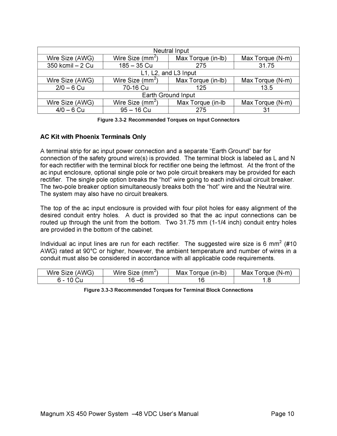 American Power Conversion XS 450 -48 user manual AC Kit with Phoenix Terminals Only, Awg 