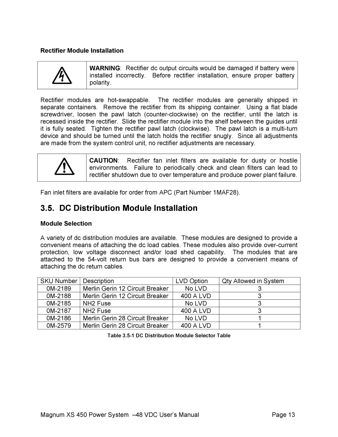 American Power Conversion XS 450 -48 DC Distribution Module Installation, Rectifier Module Installation, Module Selection 