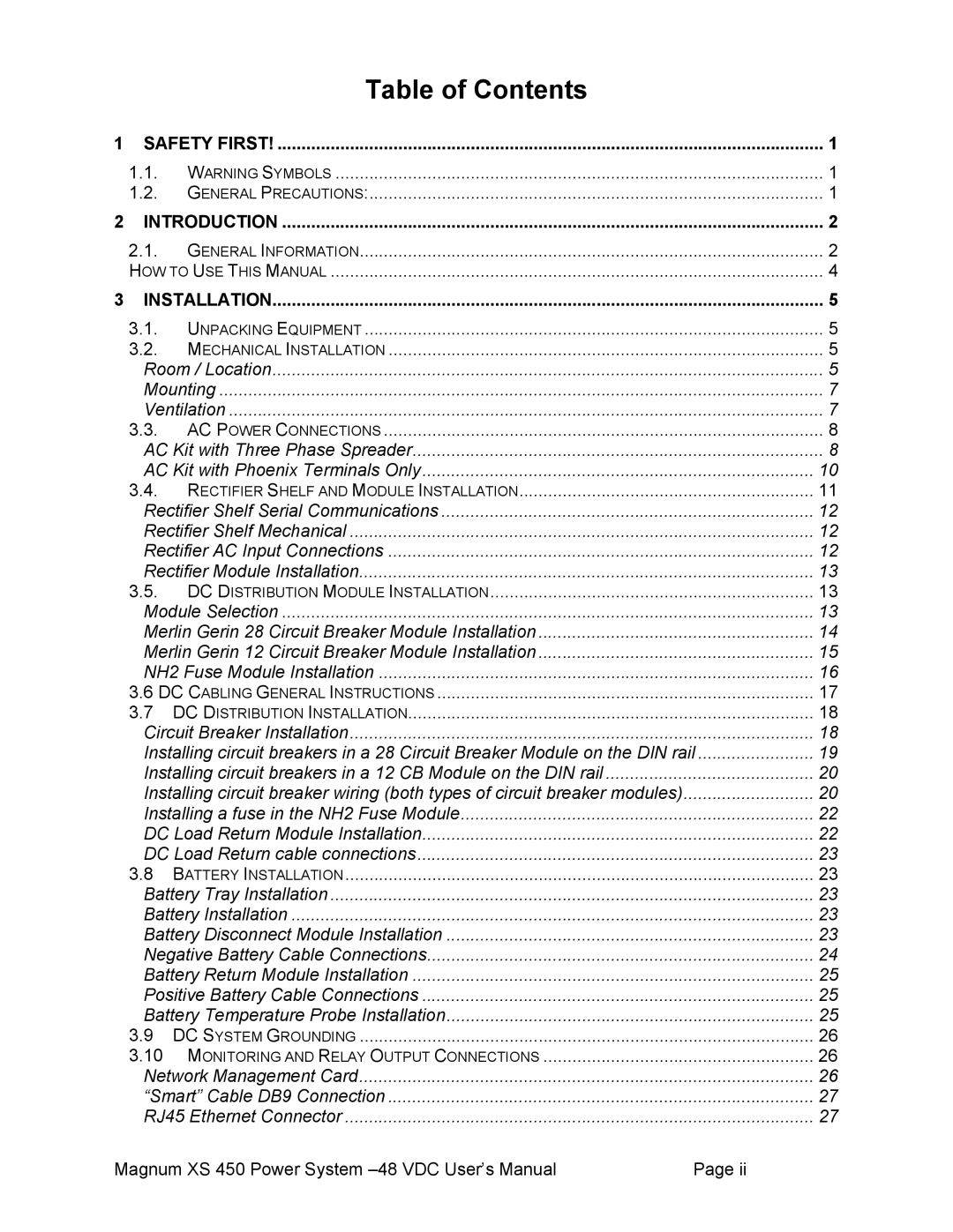 American Power Conversion XS 450 -48 user manual Table of Contents 