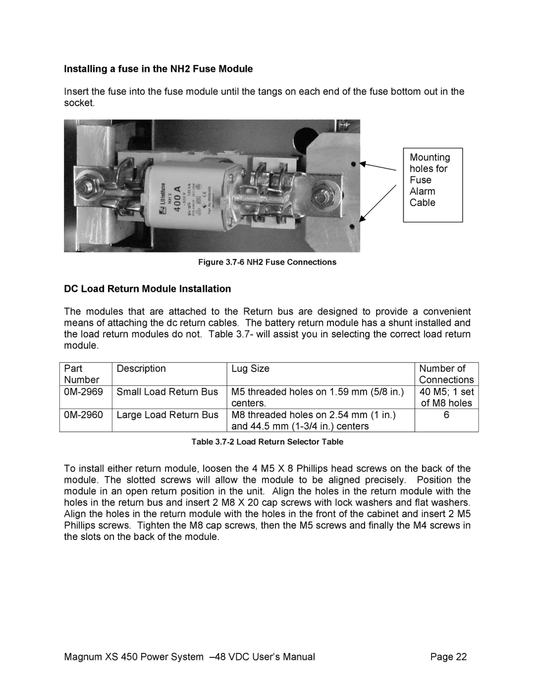 American Power Conversion XS 450 -48 Installing a fuse in the NH2 Fuse Module, DC Load Return Module Installation 