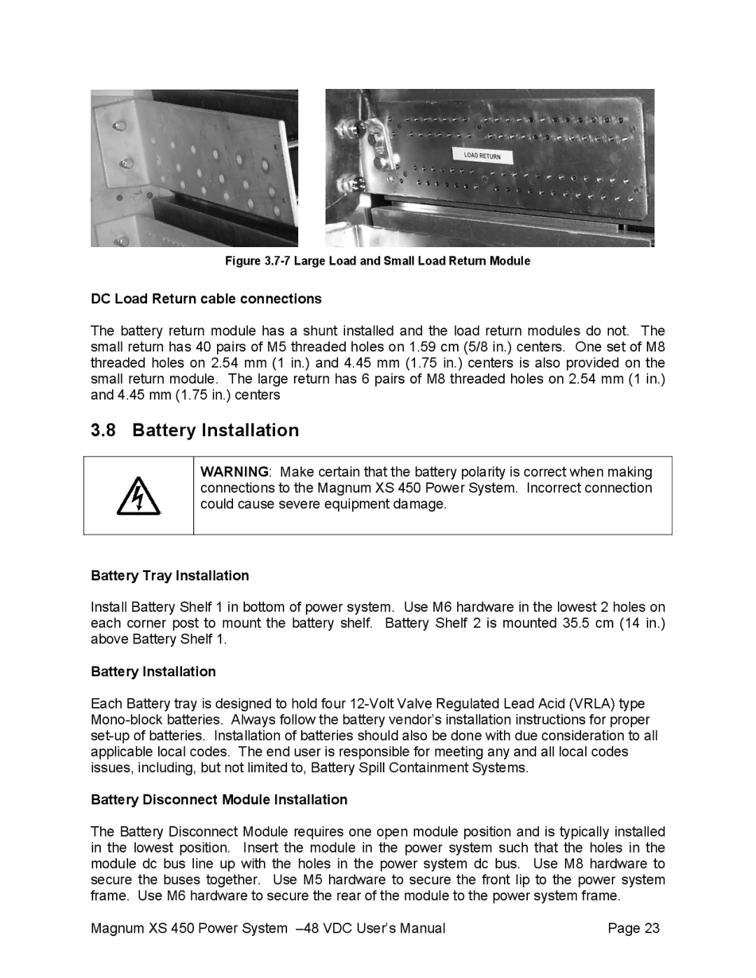 American Power Conversion XS 450 -48 Battery Installation, DC Load Return cable connections, Battery Tray Installation 