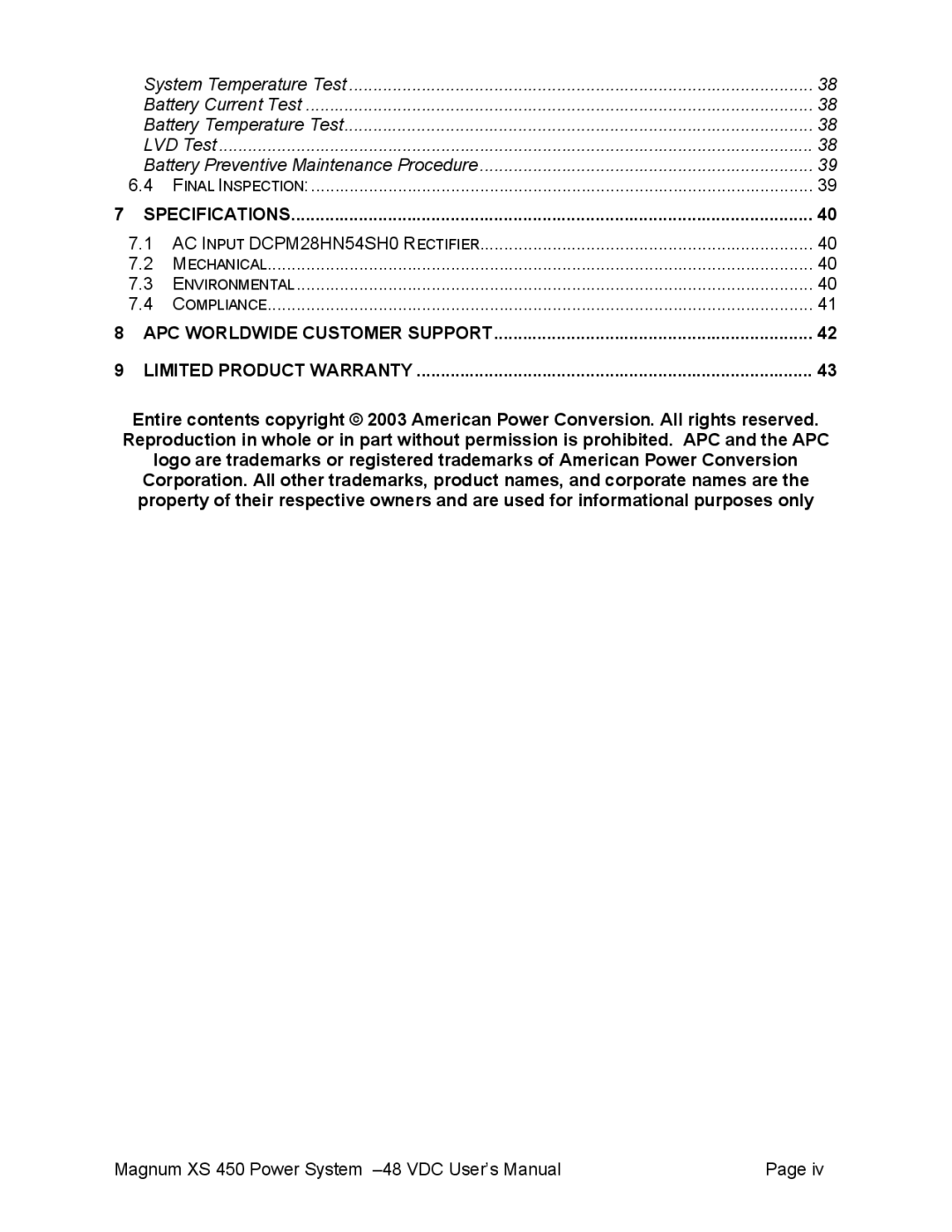 American Power Conversion XS 450 -48 user manual Specifications 