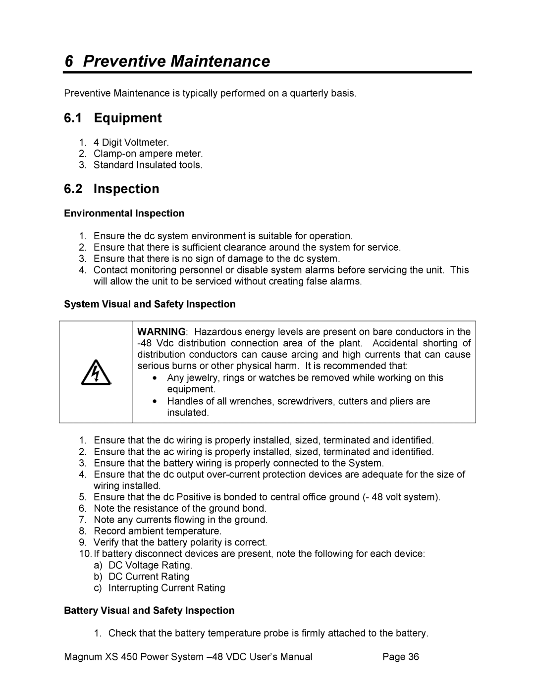 American Power Conversion XS 450 -48 user manual Preventive Maintenance, Equipment, Environmental Inspection 