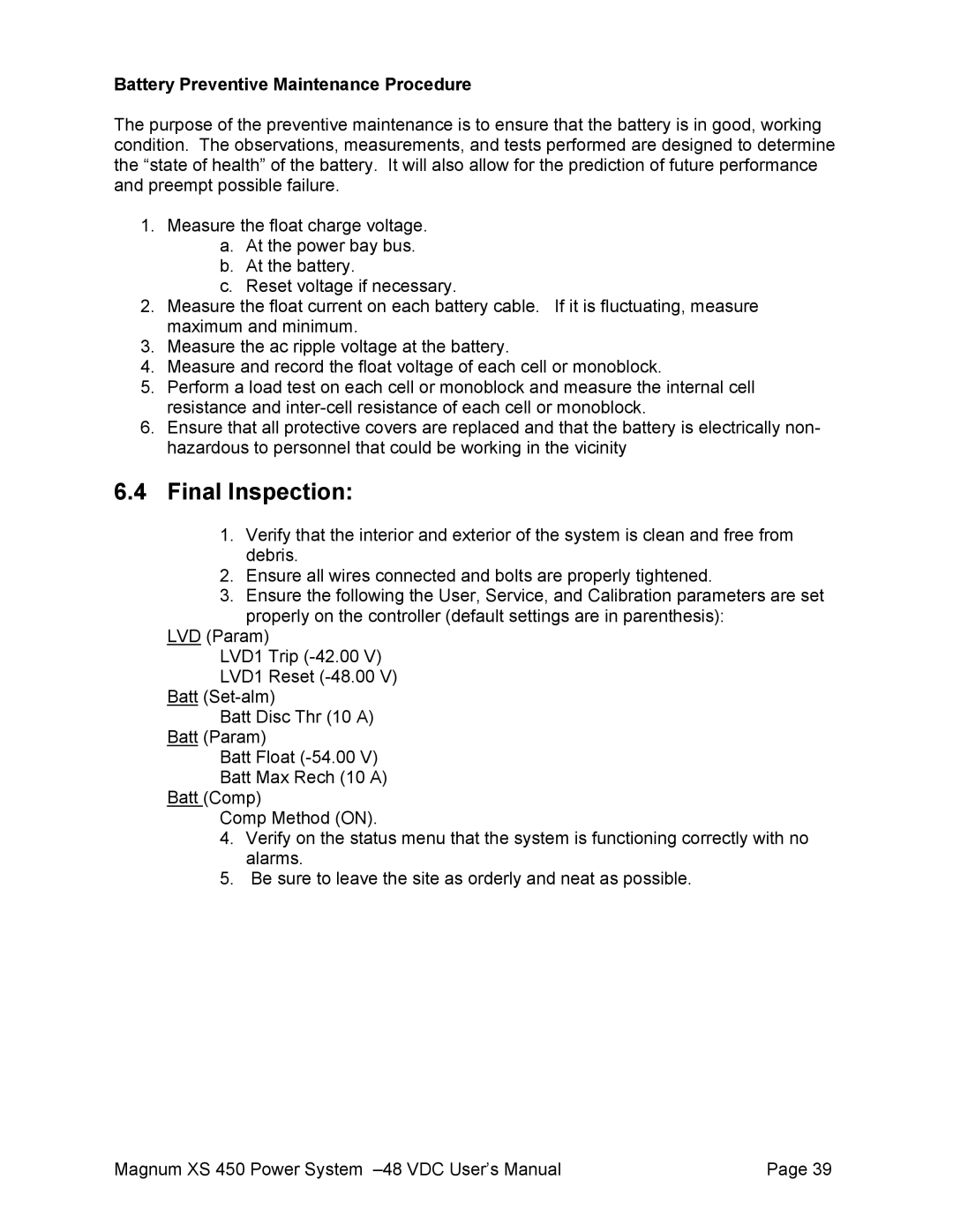 American Power Conversion XS 450 -48 user manual Final Inspection, Battery Preventive Maintenance Procedure 