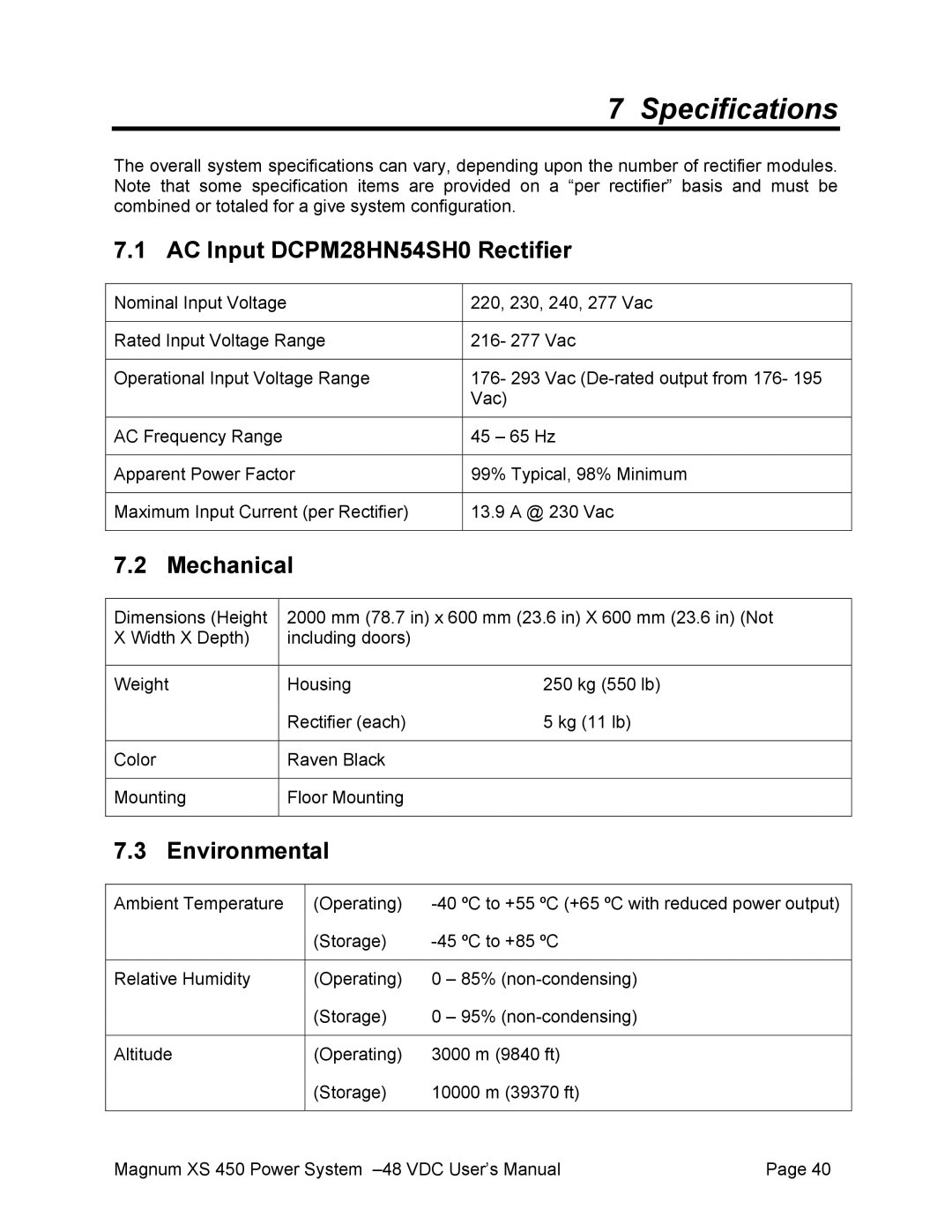 American Power Conversion XS 450 -48 Specifications, AC Input DCPM28HN54SH0 Rectifier, Mechanical, Environmental 