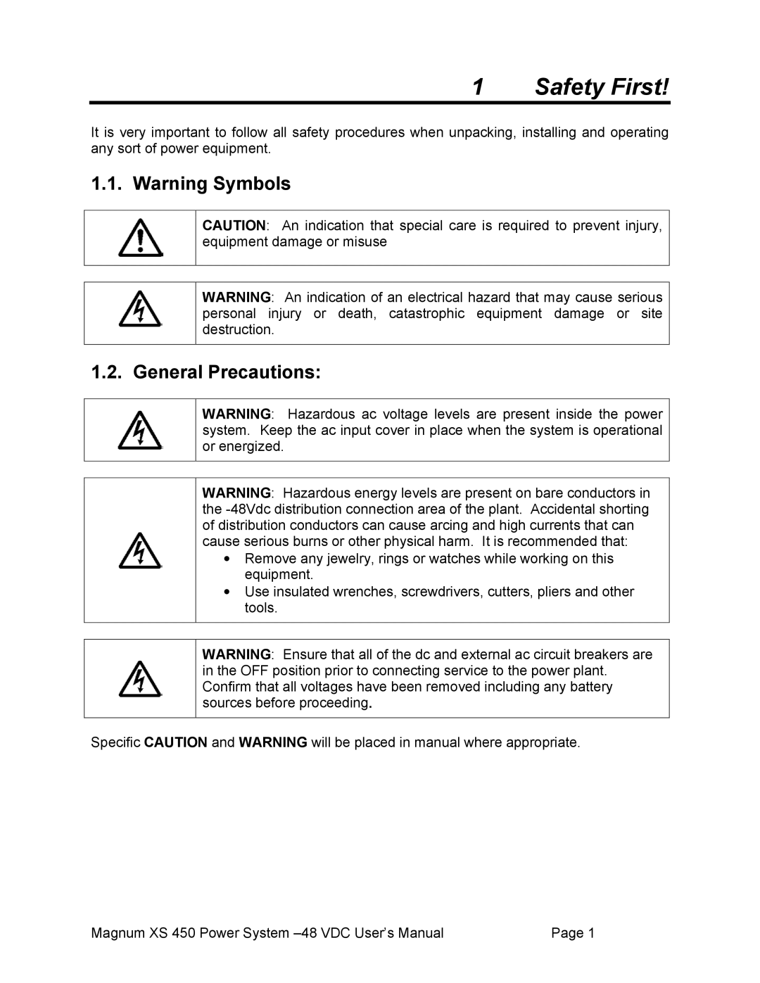 American Power Conversion XS 450 -48 user manual Safety First, General Precautions 