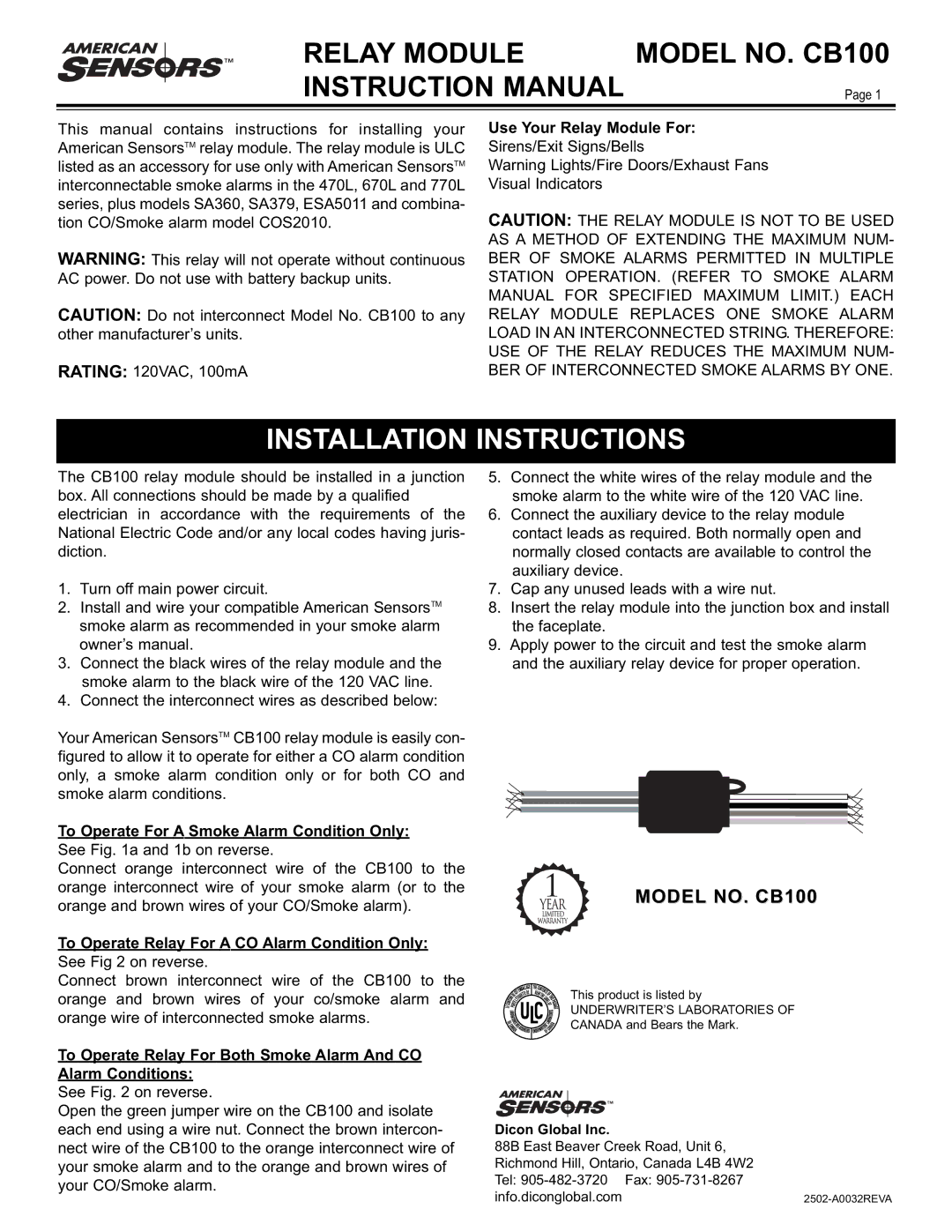 American Sensor installation instructions Relay Module Model NO. CB100, Installation Instructions, Dicon Global Inc 