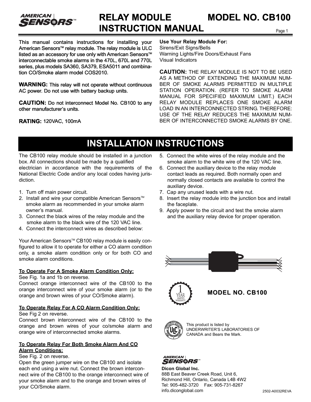 American Sensor installation instructions Relay Module, MODEL NO. CB100, Instruction Manual, Installation Instructions 
