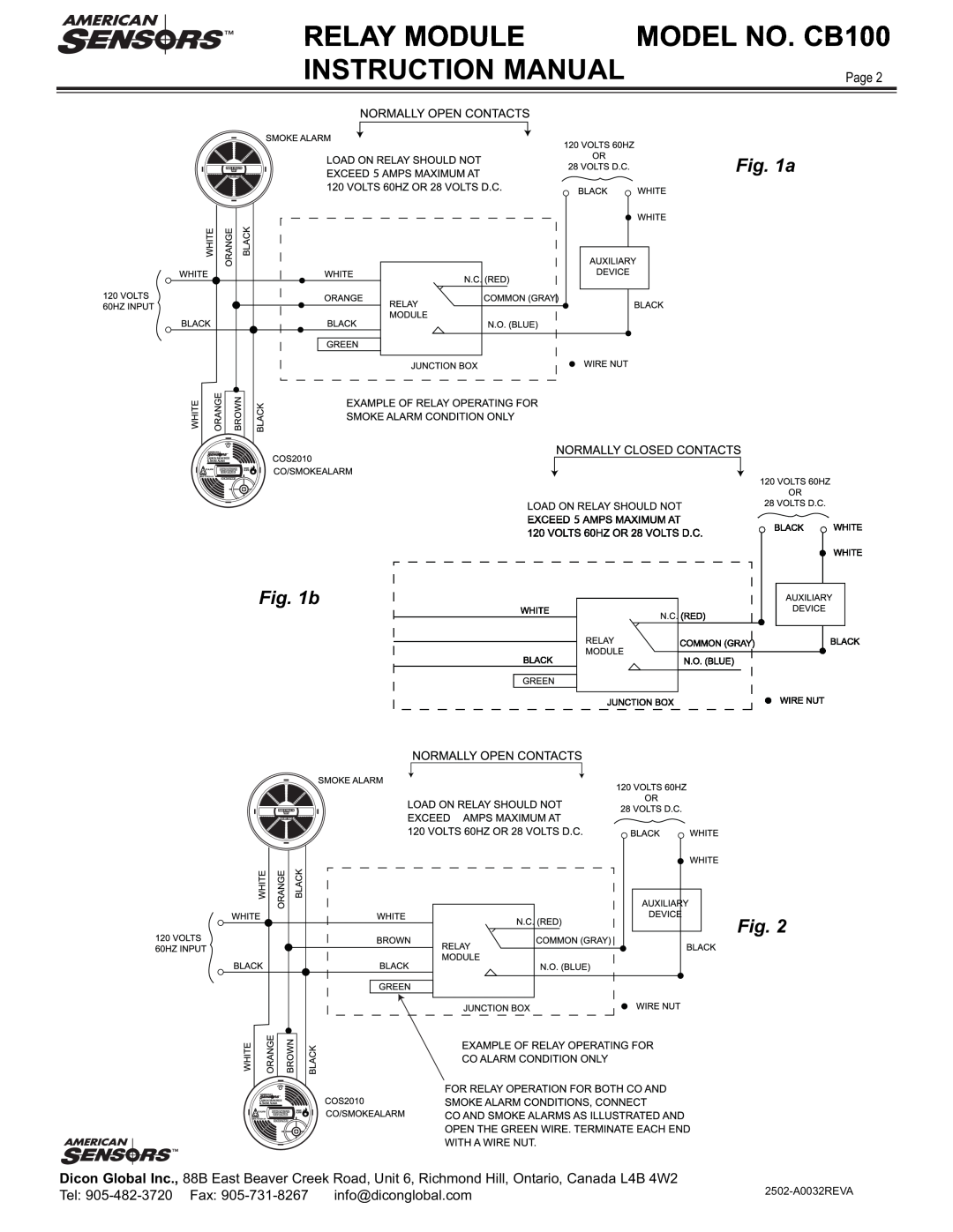 American Sensor Relay Module, MODEL NO. CB100, a b, Page, Tel 905-482-3720 Fax, info@diconglobal.com, 2502-A0032REVA 