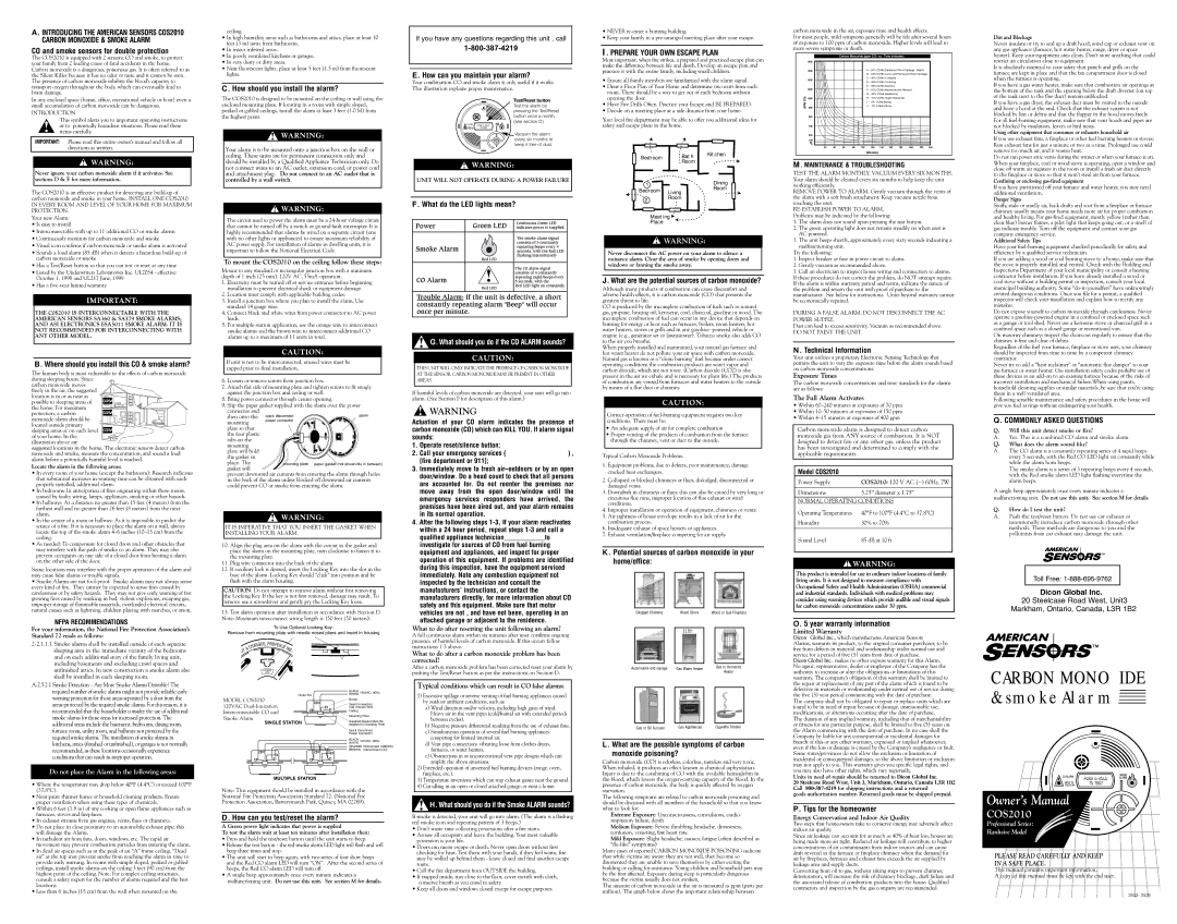 American Sensor COS2010 owner manual CO and smoke sensors for double protection, How should you install the alarm? 