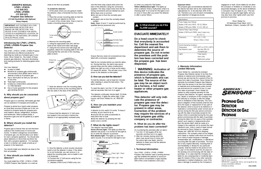 American Sensor LP401A owner manual Why should you be concerned about propane gas?, Where should you install the detector? 