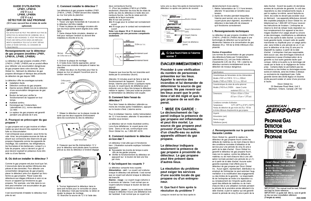 American Sensor LP405A, LP401A owner manual Évacuerimmédiatement, Mise En Garde, Detector Détector De Gaz, Propane Gas 