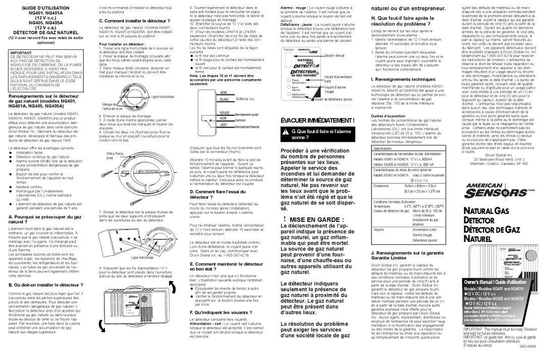 American Sensor owner manual NG401, NG401A 12 V c.c NG405, NG405A 12 V c.a, Pourquoi se préoccuper du gaz naturel ? 