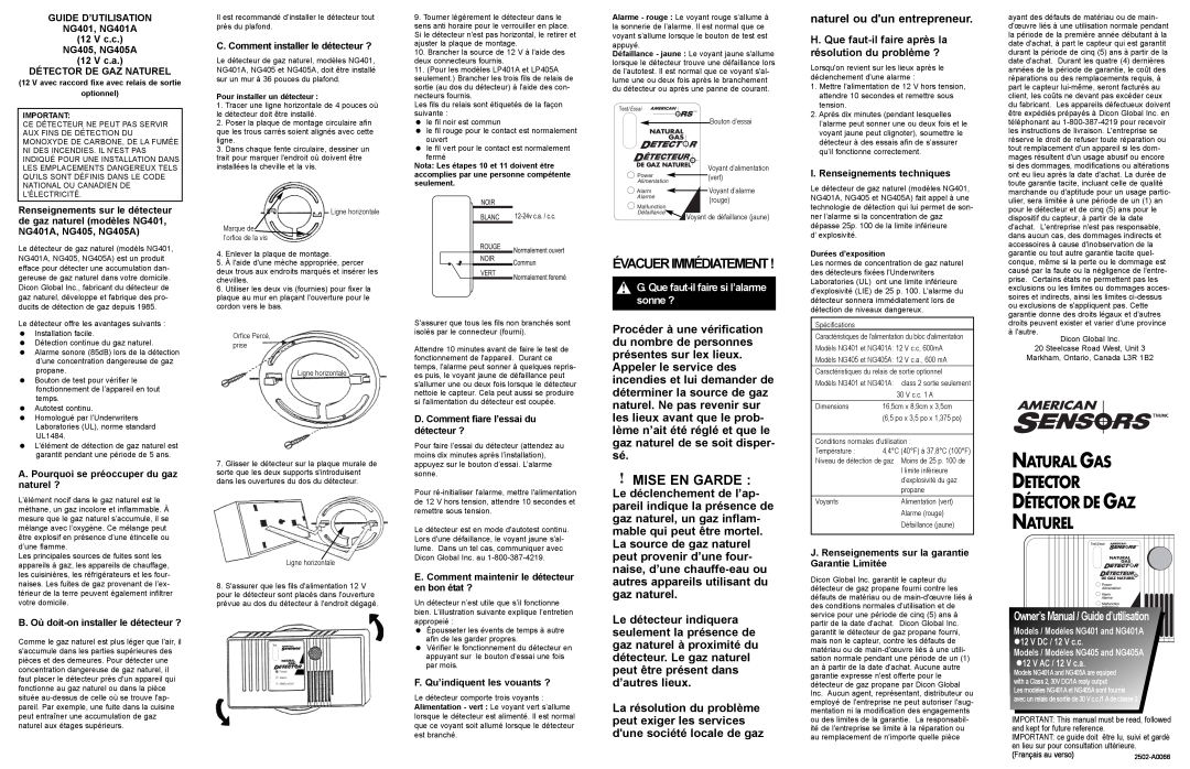 American Sensor NG401 owner manual Naturel, Évacuerimmédiatement, Mise En Garde, Detector Détector De Gaz, Natural Gas 