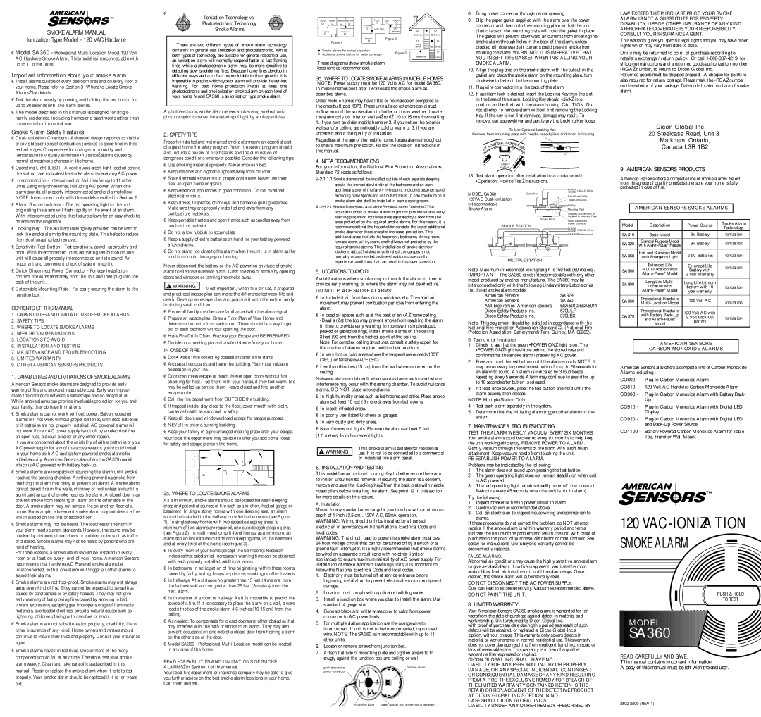 American Sensor 120 VAC-IONIZATION SMOKE ALARM, SA360 warranty Safety Tips, Contents of this Manual, Case of Fire 