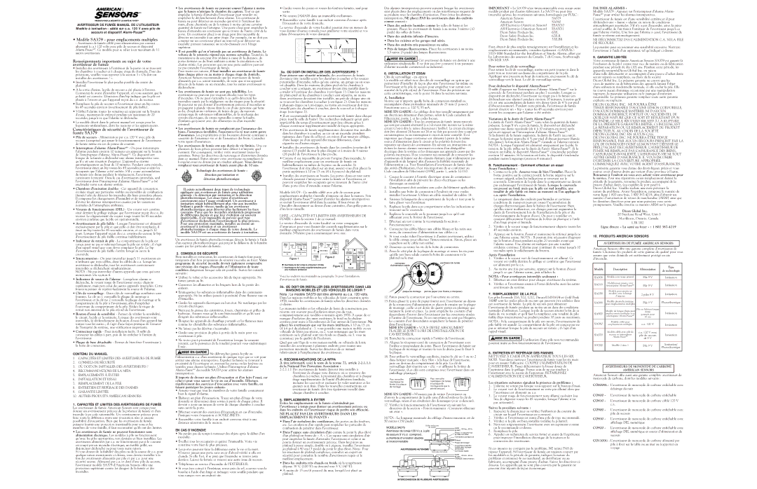 American Sensor SA379 warranty Contenu DU Manuel, Capacités ET Limites DES Avertisseurs DE Fumée, Conseils DE Sécurité 