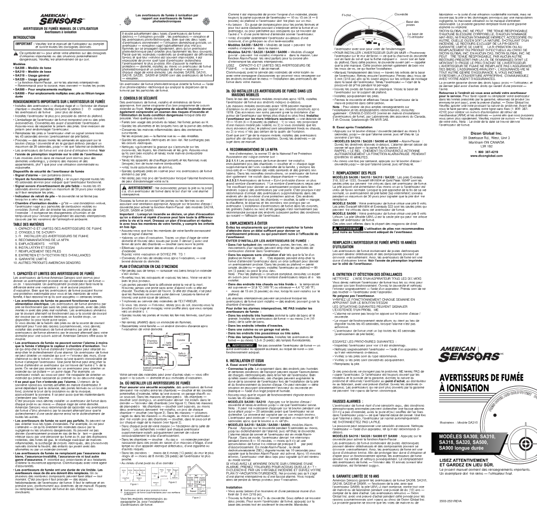 American Sensor SA320GENERAL PURPOSE Table DES Matières, Capacités ET Limites DES Avertisseurs DE Fumée, Fausses Alarmes 