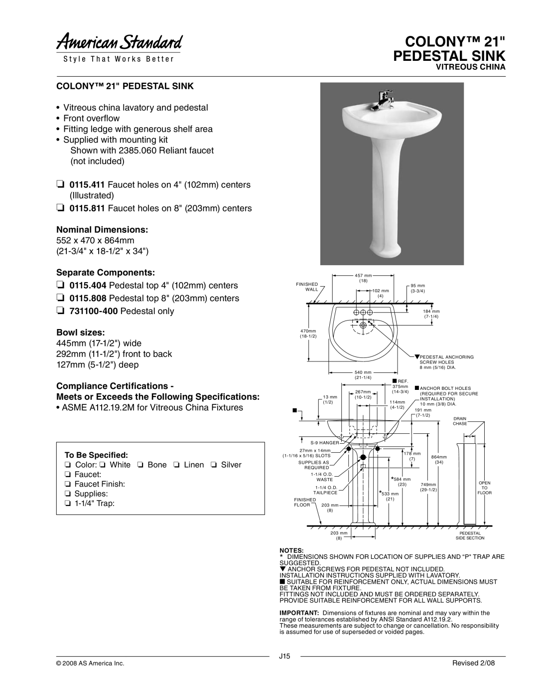 American Standard 0115.404 dimensions Colony Pedestal Sink, Colony 21 Pedestal Sink, 21-3/4 x 18-1/2 x, To Be Specified 