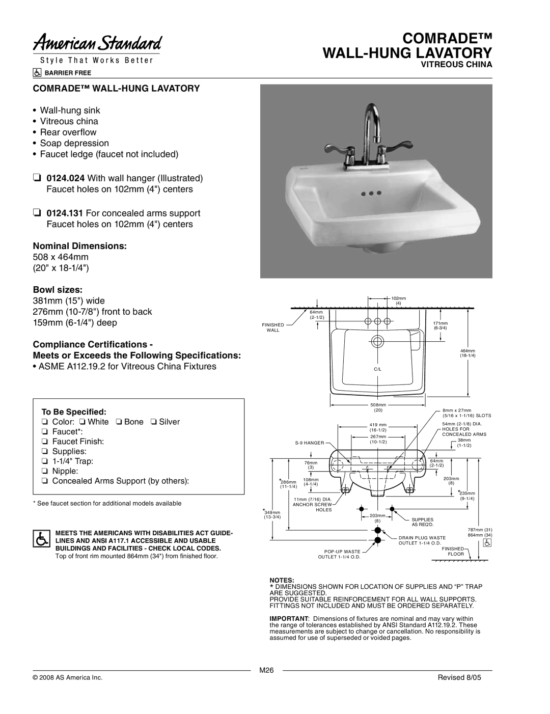 American Standard 0124.024 dimensions Comrade WALL-HUNG Lavatory, 20 x 18-1/4, 276mm 10-7/8 front to back 159mm 6-1/4 deep 