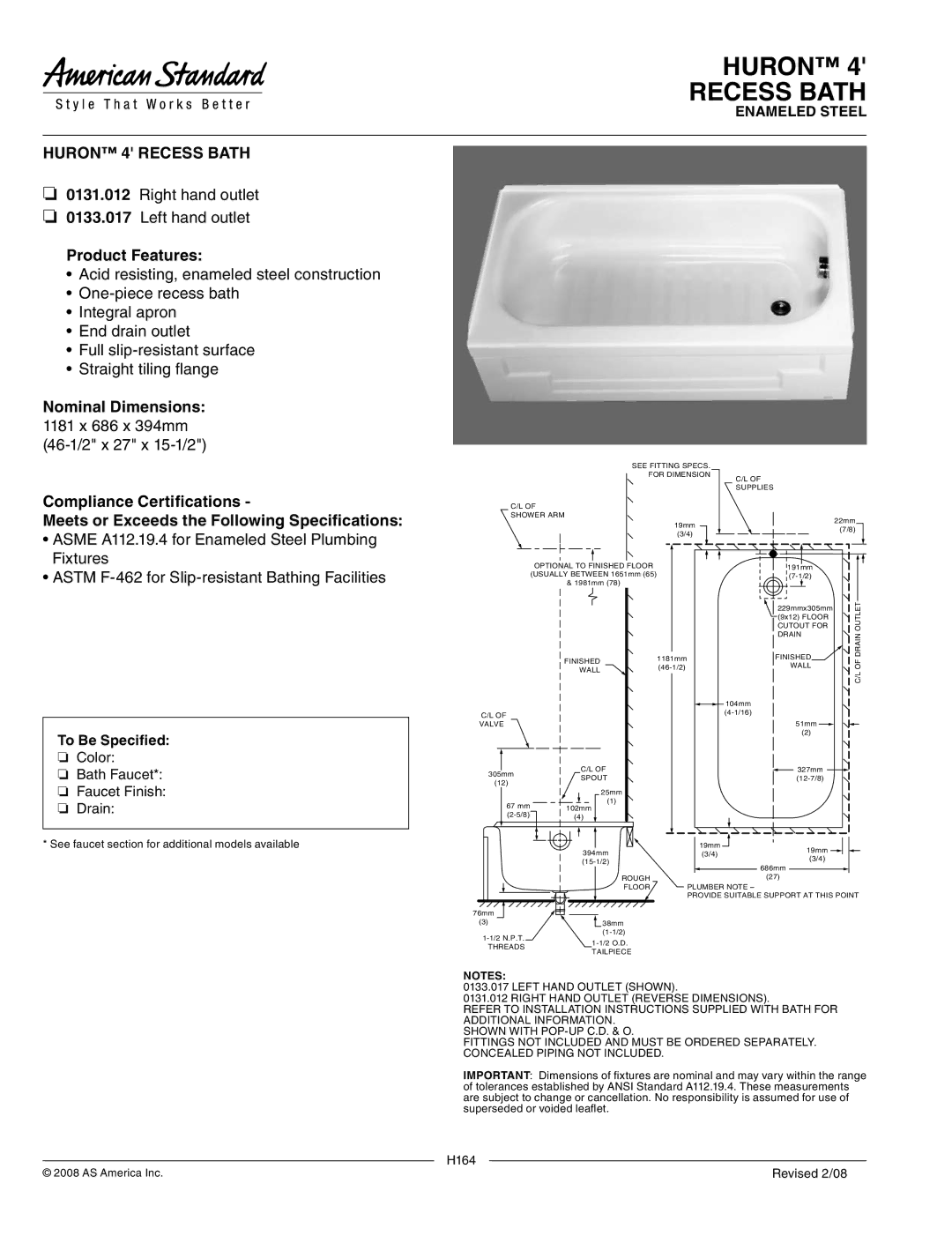 American Standard 0133.017 dimensions Huron Recess Bath, Huron 4 Recess Bath, Product Features, Nominal Dimensions 