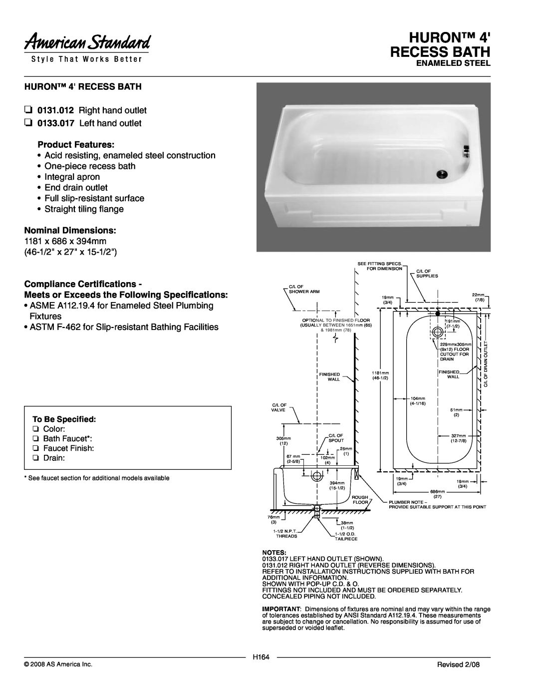 American Standard 0133.017 dimensions Huron Recess Bath, HURON 4 RECESS BATH, Right hand outlet, Left hand outlet, H164 