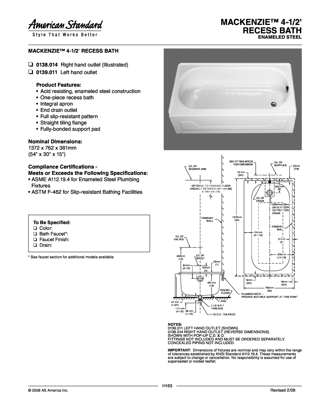 American Standard 0138.014 dimensions MACKENZIE 4-1/2 RECESS BATH, MACKENZIE 4-1/2RECESS BATH, Left hand outlet, H163 