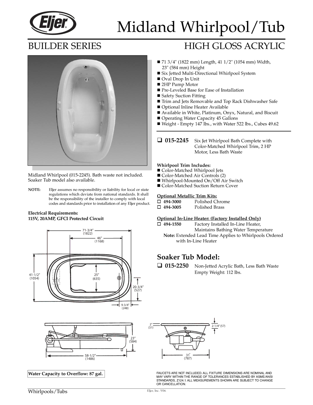 American Standard 015-2245 dimensions Midland Whirlpool/Tub, Builder Series High Gloss Acrylic, Soaker Tub Model 