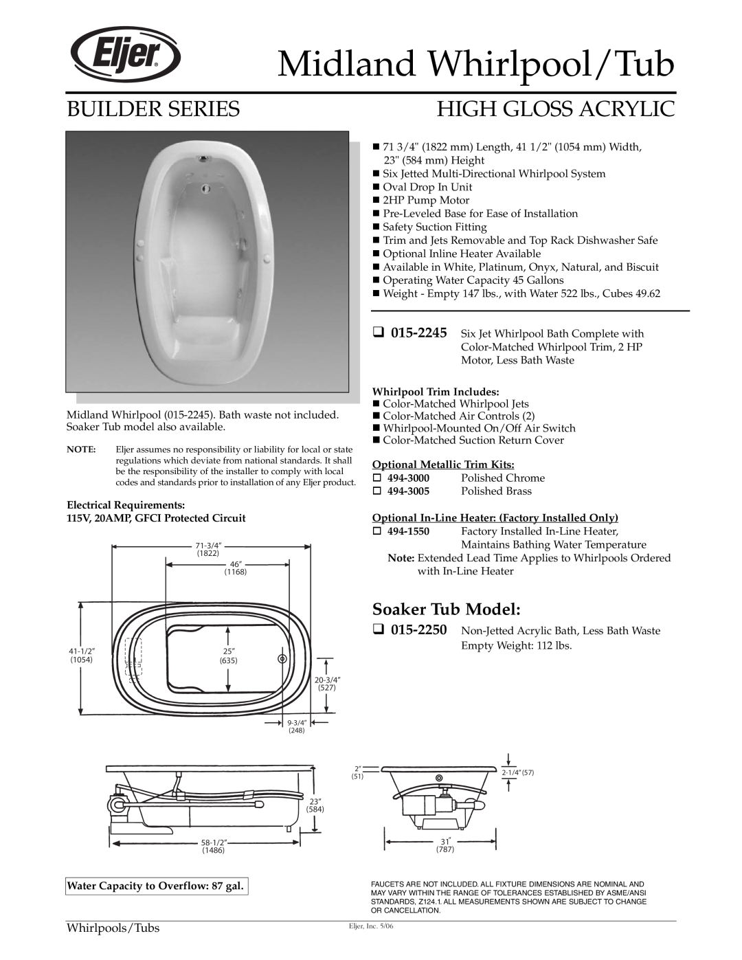American Standard 015-2245 dimensions Midland Whirlpool/Tub, Builder Series, High Gloss Acrylic, Soaker Tub Model 