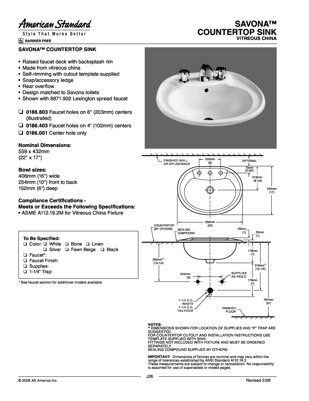 American Standard 0186.001, 0186.803 dimensions Savona Countertop Sink, Nominal Dimensions 559 x 432mm, Bowl sizes 