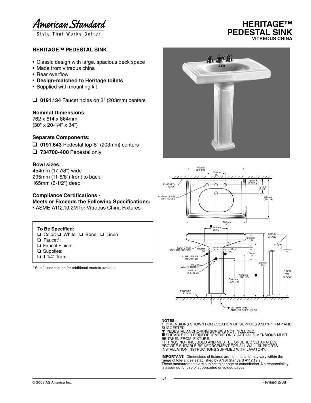 American Standard 0191.134 dimensions Heritage Pedestal Sink, Design-matched to Heritage toilets, Bowl sizes 