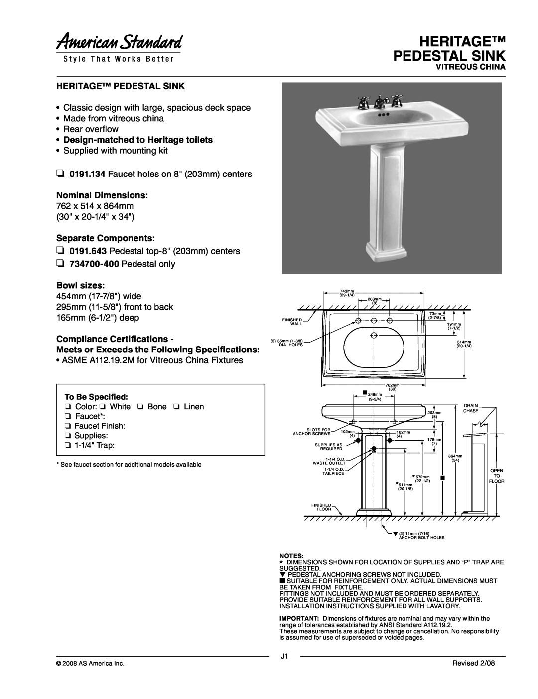 American Standard 0191.134 dimensions Heritage Pedestal Sink, Classic design with large, spacious deck space, Bowl sizes 